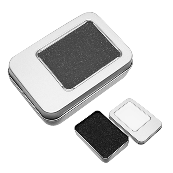 EST003-SIN, Estuche metalico para USB, interior visible, forma rectangular. Con interior de hule espuma y superficie plana