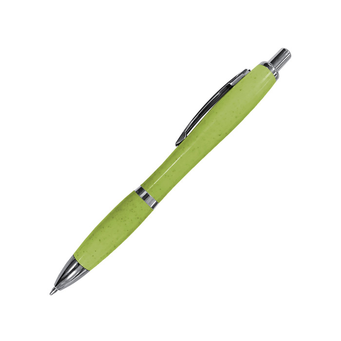 A2919, Bolígrafo ecopen. Pluma promocional ecológica y reciclable, con cuerpo de plástico ABS y \fibra de Trigo\, tiene clip metálico, cuenta con punta, clip y detalle al centro en color cromo. Mecanismo de click.