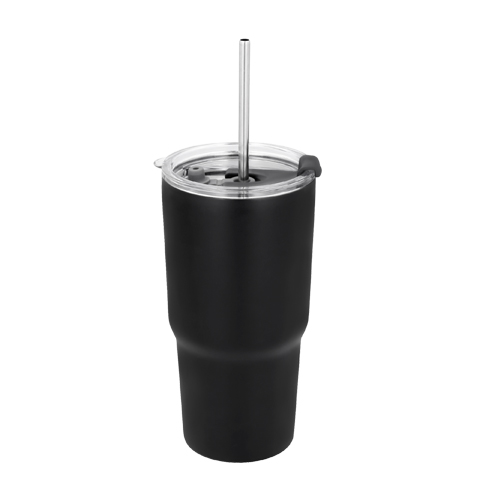 T-102, Termo con doble pared de acero inoxidable con tapa traslúcida y cierre a presión, boquilla de seguridad de plástico, boquilla de silicón cubre popote y popote metálico incluido. Cap. 580 ml.